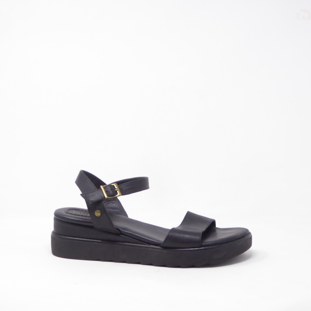 Patina Portland Leather Womens Wedge Sandals Black Leather Ankle Strap Size 11